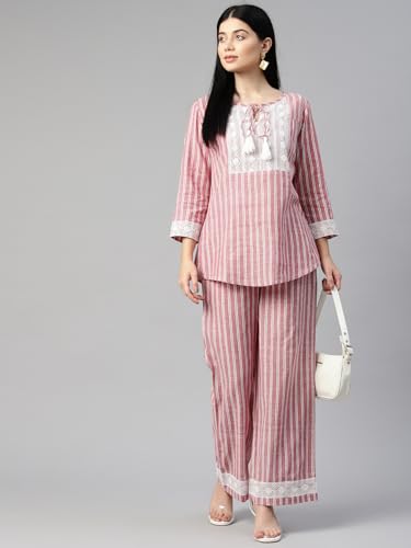 Image of Cottinfab Women Striped Red & White Front Tie-Up Top with Trousers Co-ord Set