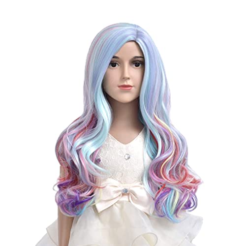 Beron Rainbow Long Wavy Wigs Curly Child Hair Wig For Girls Heat Resistant Kids Wig Cosplay Party Daily Use Wig Cap Included #TOP1