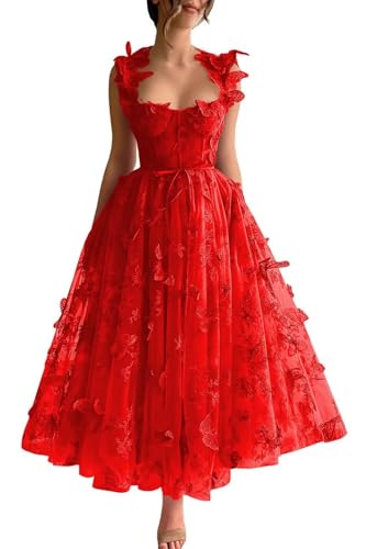 Tulle 3D Butterflies Prom Dresses for Women Spaghetti Straps Embroidered Sweetheart Formal Evening Party Gowns