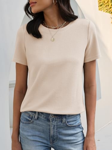 Image of ANRABESS Womens Waffle Knit Tops Short Sleeve Crewneck Shirts Curved Hem Summer Dressy Casual Blouses Spring Fashion Clothing