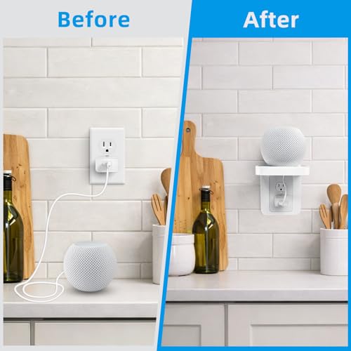 Image of Outlet Shelf Wall Holder with Cord Storage, Wall Outlet Shelf Organizer for Bathroom, Kitchen & Bedroom, Plug Shelf for Standard Outlet, Compatible with HomePod Mini, Google Home, Toothbrush & Phone