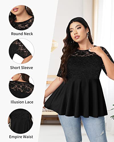 Pinup Fashion Women's Plus Size Summer Peplum Short Sleeve Lace Empire Waist Pleated Tunic Tops 1X-5X4