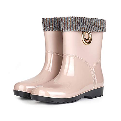 Women PVC Fur Warm Rain Boots Solid Short Tube Low Heel Female Shoes Adult Waterproof Jelly Rubber Boots Candy Color khaki 6.5