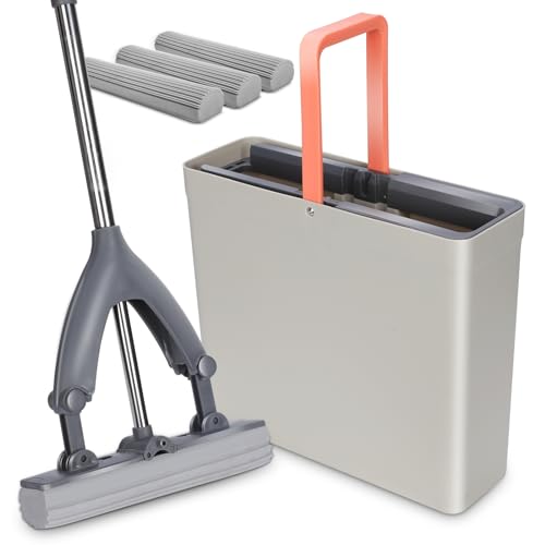 Masthome スポンジモップ 吸水モップ スポンジワイパー バケツ付き 伸縮可能 水拭きモップ 床掃除 吸水力 掃除モップ バスルーム キッチン 替えヘッド2個 天井 壁 窓結露 ガラス