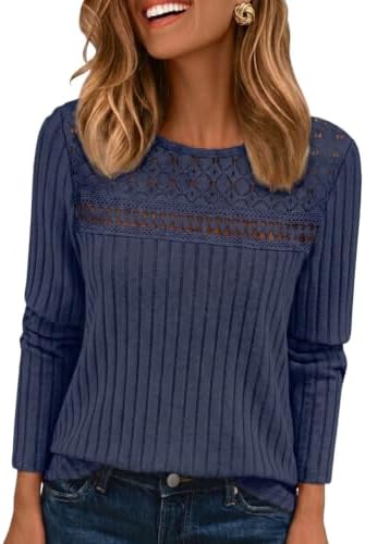Chicrise Pullover Damen Spitzen Rundhals Strick Gerippte Basic Langarmshirt