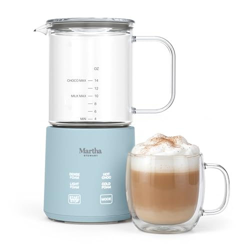 Image of Martha Stewart Milk Frother and Steamer, 10oz /300ml Glass Cup, 4 Presets (Cold Foam, Light, Dense & Hot Chocolate), Ready in 90 Seconds, Cordless Pouring, One-Touch for Hot and Cold Milk, Sky Blue