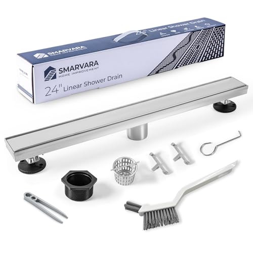 Linear Shower Drain 24 inch with 2-in-1 Flat & Tile Insert Cover - Brushed 304 Stainless Steel Shower Floor Drain - Linear Drain with Reversible Cover & Hair Catcher - Includes Cleaning Tools