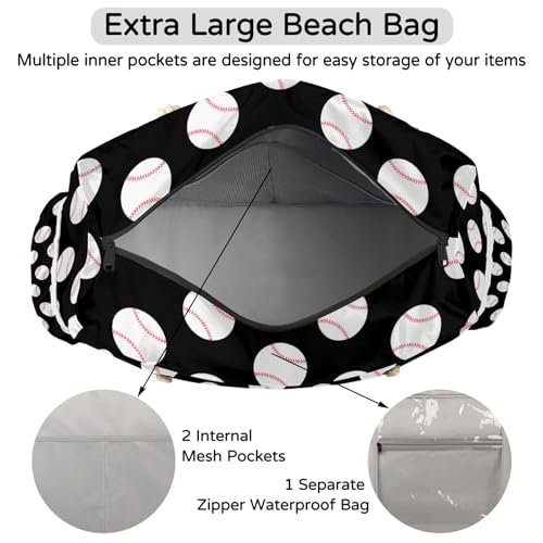 Baseball Black Tote Beach Bag for Women with Zipper Large Waterproof Sandproof Swim Pool Bag 5