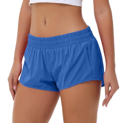 Aurefin Lightweight Athletic Shorts for Women, Quick Dry Running Shorts with Zip Pocket and Liner Womens Gym Workout Shorts Blue L