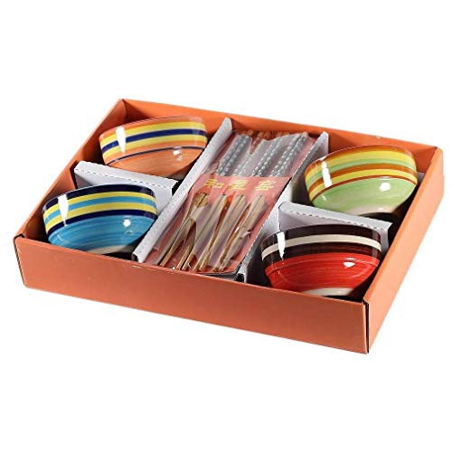 lachineuse – Juego de 4 cuencos de colores – Tazones de arroz, desayuno y sopa – Vajilla de porcelana naranja, amarillo, azul, rojo – 4 pares de palillos – Cuenco asiático – Regalo de vajilla Asia