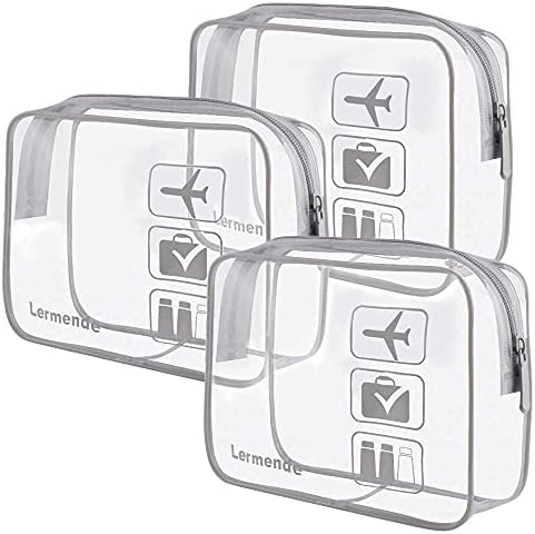 Lermende 3pcs TSA Approved Toiletry Bag with Silicone Handles, Clear Makeup Bag Travel Plastic Small Carry On Cosmetic bag For Women, Airline Compliant Quart Pouch For Travel Toiletries - Grey