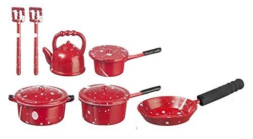 Melody Jane Dollhouse Red Spot Saucepan Pan Set & Kettle Kitchen Accessory