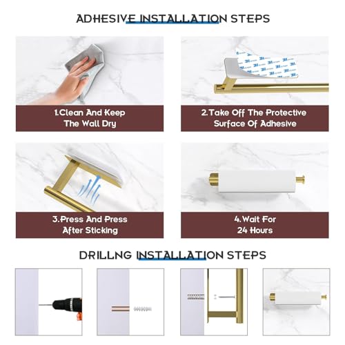ASTOFLI Paper Towel Holder Under Cabinet No Drilling, Self Adhesive Paper Towel Holder Wall Mount for Kitchen Rack, Under Counter Napin Holder No Drill, RV, 304 Stainless Steel, Gold Brass 2 Pack - Thumbnail 4