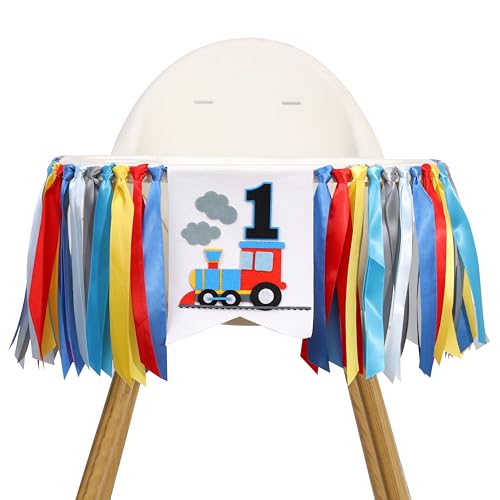 Train 1st Birthday Highchair Banner - First Birthday Train Party Decorations for Boys Girls, Baby Shower, One Year Old Celebration, Locomotive Theme Banner