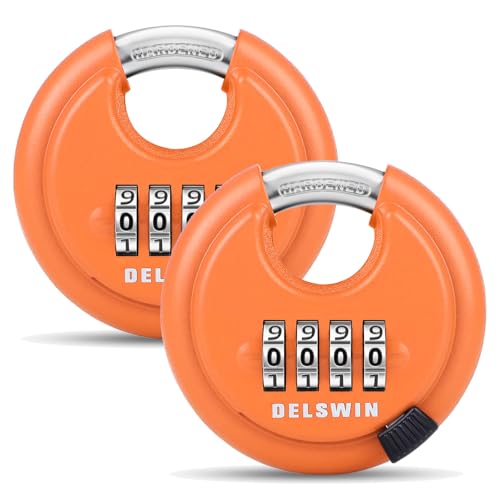 Image of DELSWIN 4-Digit Disc Combination Lock, Orange, 2 Pcs, 3 /8 inch Shackle