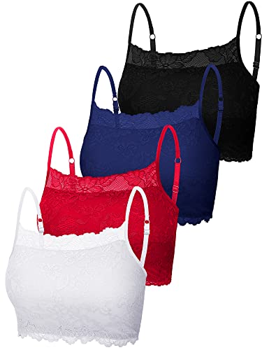 4 Pieces Women's Lace Cami Stretch Lace Half Cami Breathable Lace Bralette Top for Women Girls (Black, Bright Red, Navy Blue, White,XX-Large)