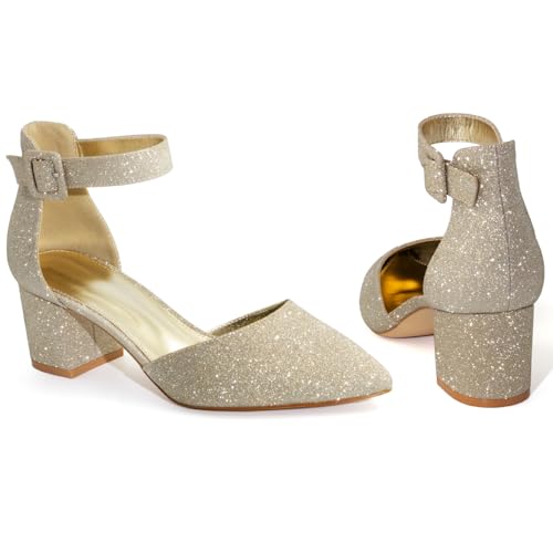 MISSMILLER Women's Low Block Heels Chunky Closed Toe Pump Shoes with Ankle Strap2