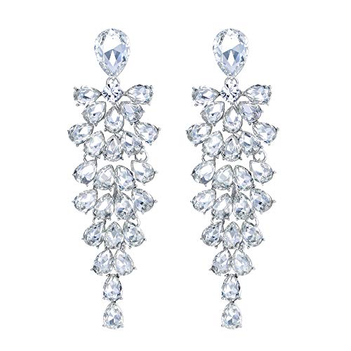 Clearine Pendientes de cristal para mujer Pendientes de novia de boda Pendientes de múltiples capas de lágrima Cluster Bling Tono plateado claro
