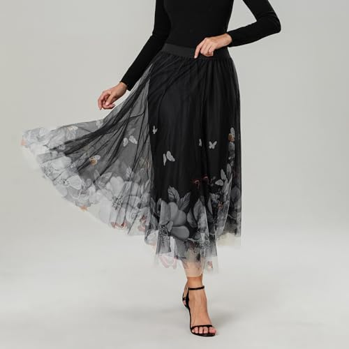 Women's Double Layered Mesh Midi Skirt High Waist Floral Butterfly Print Tulle Midi Dress Mesh Pleated A-Line Skirt4