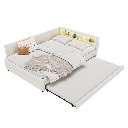 Cama de día, sofá cama, con cama nido y LED, funda de lino – LED de 16 colores, función de carga USB + tipo C, estante, somier, cama tapizada, cama juvenil (sin colchón) (beis, 140 x 200)