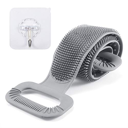 Silicone Back Scrubber for Shower, Esur 34.7 Inch Exfoliating Bath Body Scrubber Brush, Lathers Well, Extra Long for Men and Women, Easier to Clean Than Loofah Washer, Gray