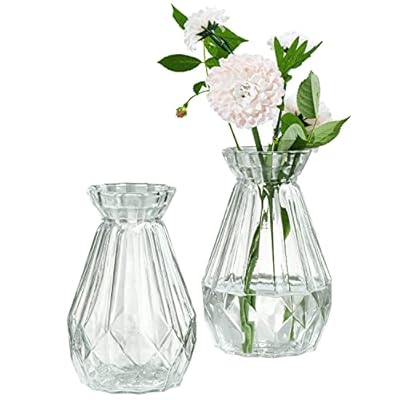 MyGift 5-Inch Decorative Clear Glass Diamond-Faceted Flower Vases, Set of 2
