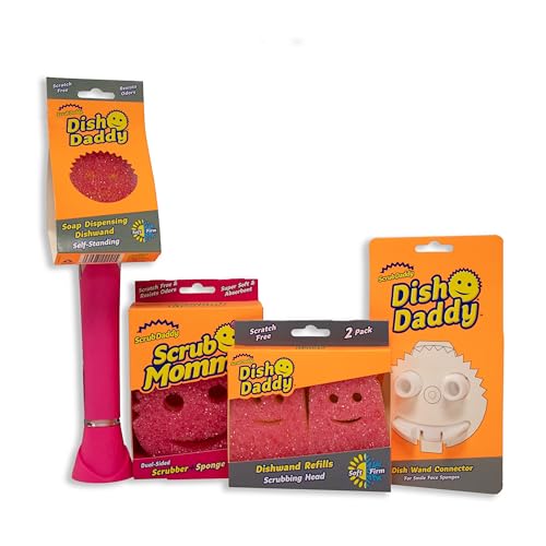 Scrub Daddy Dish Daddy Spülschwamm mit Spülmittelspender, Nachfüllköpfe, Scrub Mommy Schwamm und Anschlusskopf, Flaschenbürste mit auswechselbarem Kopf, Temperaturempfindlicher Schwamm - Rosa
