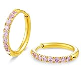 Pendientes de aro hipoalergénicos unisex de acero quirúrgico con circonita cúbica, color dorado, plata, oro rosa, negro, arcoíris, tamaño 6 mm - 12 mm, seguros para orejas sensibles, 6mm, 8mm, 10mm