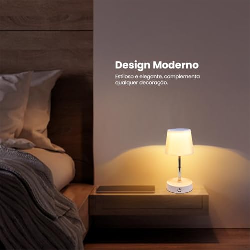 Abajur De Mesa Quarto Criado Mudo LED Luz Amarela Touch Sem Fio Recarregável Classica
