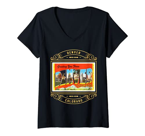 Womens Denver Colorado CO Large Letter Travel Postcard 1 V-Neck T-Shirt, Black