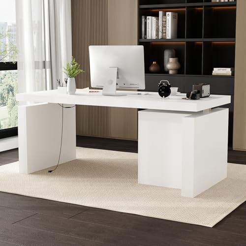 Image of FUFU&GAGA 70.9 inch Large Standing Desk with Drawer, Electric Height Adjustable Desk with File Cabinet, Executive Computer Table, Sit Stand Desks, for Home Office, White, 70.9 inchW x 31.6 inchD x 29.5 inch-44 inchH