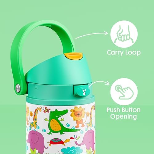 Image of 18 oz Kids Water Bottle for School: Meoky 18 oz Stainless Steel Insulated Water Bottle with 2-in-1 Straw and Spout Lid - Leak Proof, Fits in Car Cup Holder, BPA-Free for Teens Boys Girls, Wild Animals