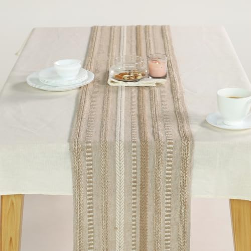 The Art Box Farmhouse Braided Stripe Ivory Table Runner, 15x72 inches Cotton Fabric Tablecloth with Fringe for Kitchen Dinning Home Decor