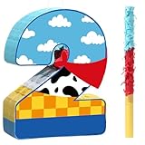 Hungdao Toy Inspired Birthday Piñata for Kids Cartoon Cow Number Piñata Decorations Summer Cartoon Game with Stick Red Scarf Blue Sky Cloud Boys Girls Baby Shower Farm Party Favor(Number 2)