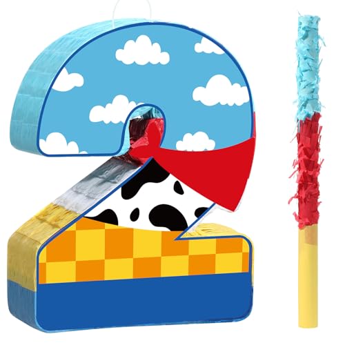 Hungdao Toy Inspired Birthday Piñata for Kids Cartoon Cow Number Piñata Decorations Summer Cartoon Story Game with Stick Red Scarf Blue Sky Cloud Boys Girls Baby Shower Farm Party Favor(Number 2)