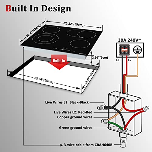 Electric Cooktop 24 Inch,Ecotouch Built-In Electric Cooktop 4 Burner Stove Top, Radiant Electric Cooktop Stovetop With Kid Safety Lock, Timer, 9 Heating Level,6800W, 220-240V For Hard Wire(No Plug) #TOP6