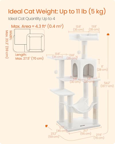 Image of Feandrea Cat Tree, 54.2-Inch Cat Tower, Plush Multi-Level Condo with 4 Scratching Posts, 2 Perches, Hammock, Cave, Cream White UPCT161T01
