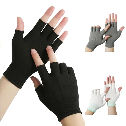 Ousuwo Paquete de 3 guantes sin dedos, 1 par de cada uno de color blanco, negro y gris, tela suave y transpirable, ideal para aliviar el eccema, aplicación de loción nocturna, tratamientos de spa y