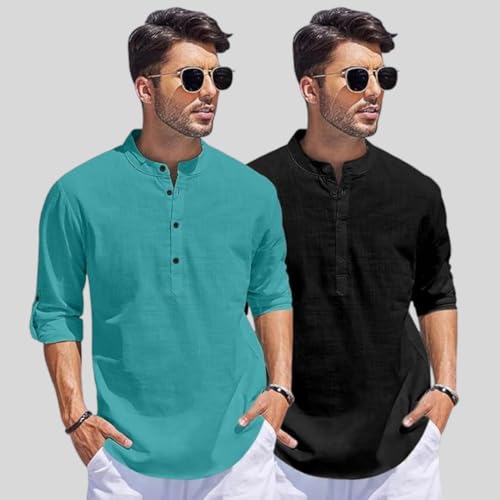 Image of Bellstone Men's Cotton Blend Straight Kurta Shirt Combo with Mandarin Collar - Slim Fit Casual Short Kurti Set Featuring Textured Slub Fabric and Roll-Up Full Sleeves