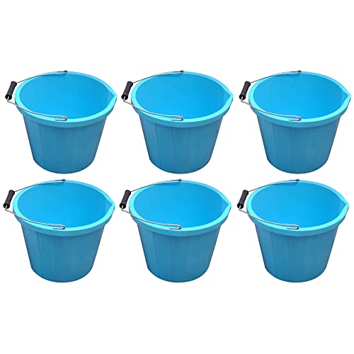 𝗦𝗘𝗧 𝗢𝗙 𝟲 - Heavy Duty 3 Gallon 14Litre Plastic Builders Bucket with Strong Metal Handle Water Storage Mixing Animal Feeding Bucket For Home, Garden, Farm - Made In UK (BLUE)