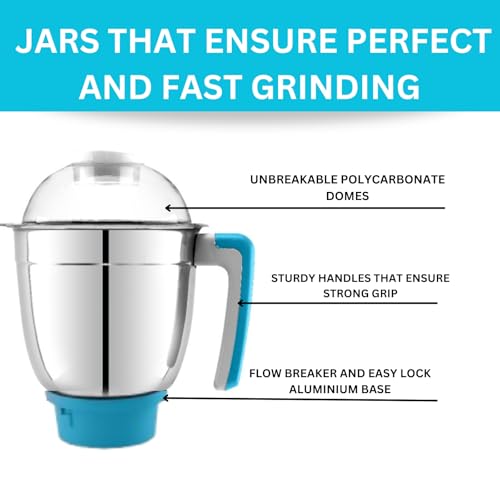 Image of Champion Fortune 750 watt Mixer Grinder | 3 Multipurpose Stainless Steel Jars & 1 Juicer Jar | Copper Motor with 22,000 RPM Speed | 3 Yrs Warranty | Smart Safety Features | White & Blue