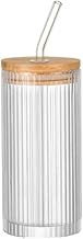 Lining Shape Beer Can Glasses with Wooden Lids & Glass Straws 330 ml Aesthetic Iced Coffee Cup, Unique Beer Glasses for Cold Drinks, Smoothie, Tea, Cocktails & More (Pack of 1)
