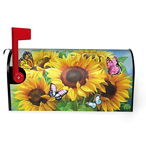 Summer Sunflower Butterfly Mailbox Covers Magnetic Standard Size Floral Mailbox Wraps Welcome Box Decor Large Size Post Letter Mail Box Covers Garden Yard Decorations 21" L X 18" W #TOP2