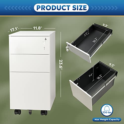 Image of DEVAISE Slim File Cabinet with Lock, 3 Drawer Mobile Filing Cabinet for Legal /Letter /A4 Size, Fully Assembled Except Wheels, White