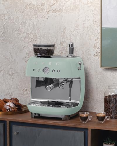 Image of Smeg EGF03 Semi-Automatic Espresso Machine with Built-In Grinder, Dual Thermoblock, 50's Retro Style - Pastel Green (120 V)