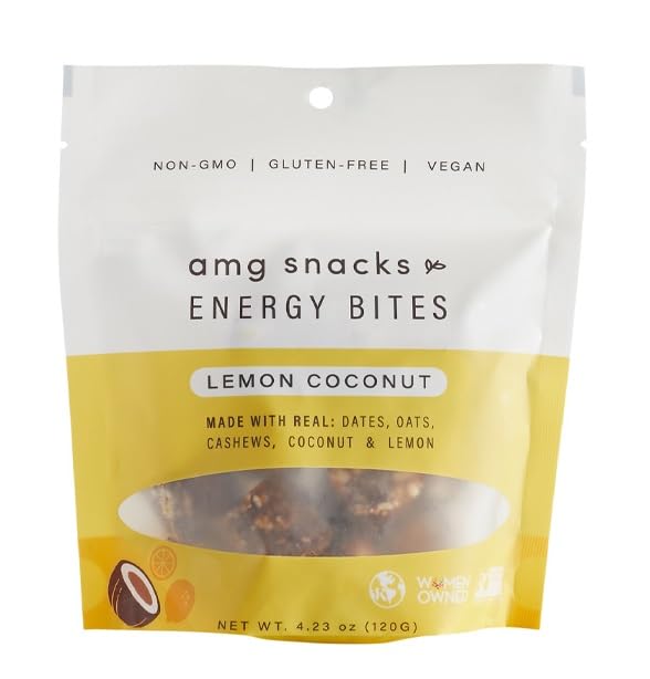 AMG Snacks Bocados energéticos de limón y coco 4.3 onzas, paquete de 6 (72 bocados en total) Barras de proteínas de aperitivos energéticos de
