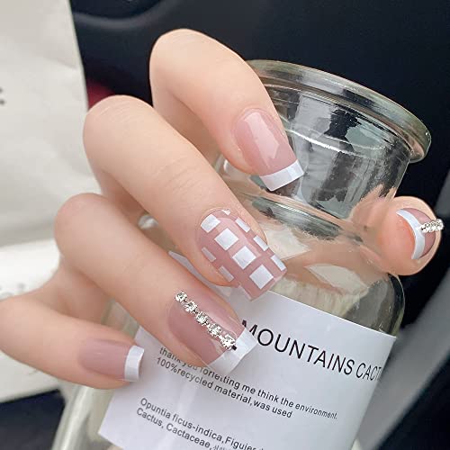 Image of Secret Lives Premium Designer Reusable Artifical Press on Nails Pink Color with White Check Design & Studs Fake Nails 24 Pieces Set with Kit