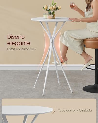 VASAGLE Mesa de Bar, Mesa Baja, Redonda, Alta, Estructura Metálica, 60 x 60 x 105 cm, para Cocina, Sala de Estar, Estilo Moderno, Fácil Montaje, Blanco Nube y Blanco Mate LBT024W01 - imagen 4