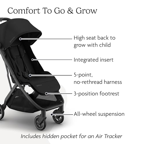 Image of UPPAbaby Minu V3 Travel Stroller - Lightweight + Compact Design - One-Hand Fold + Unfold - from Birth + Overhead Compatible - James (Black /Carbon Frame /Black Leather)