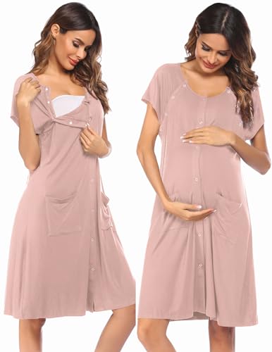 Image of Ekouaer 3 in 1 Labor/Delivery/Hospital Gown Nursing Dress Maternity Nightgown Sleepwear for Breastfeeding with Button S-XXL
